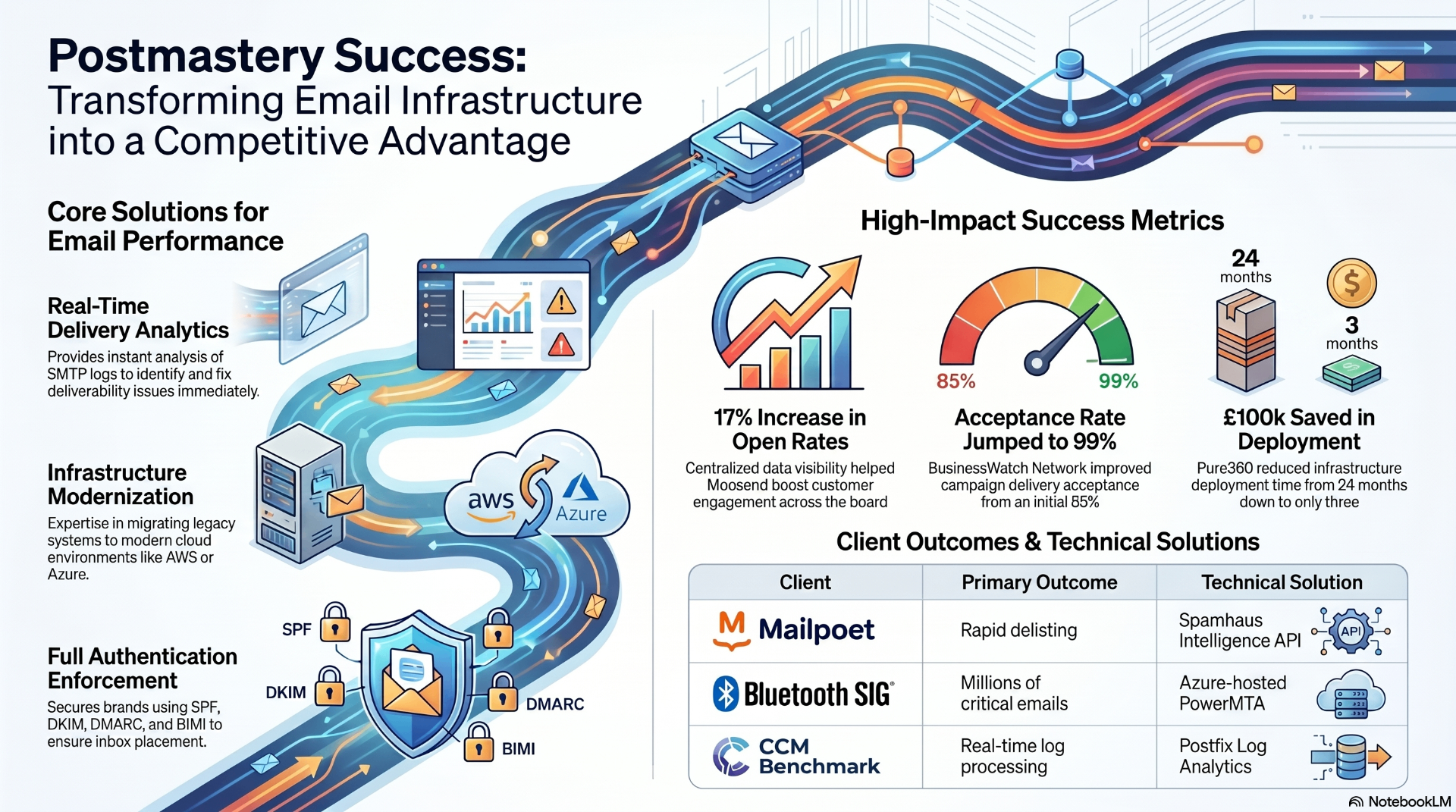 Postmastery Success: Transforming Email Infrastructure into a Competitive Advantage — showing core solutions including Real-Time Delivery Analytics, Infrastructure Modernization, and Full Authentication Enforcement, plus high-impact metrics like 17% increase in open rates, 99% acceptance rate, and £100k saved in deployment, alongside client outcomes for Mailpoet, Bluetooth SIG, and CCM Benchmark.